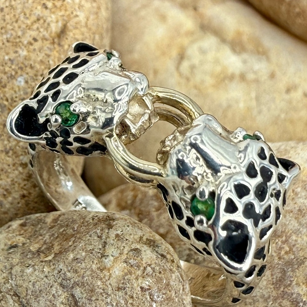 JED Joseph DeMarco Double Panther Ring 925 Sterling Genuine Emerald Eyes Sz 8 - Picture 6 of 16